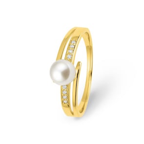 Ring 750/18 K Yellow Gold with Freshwater Pearl and Cubic Zirconia