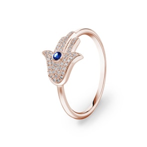 Ring 750/18 K Roségold mit Saphir & Diamanten 0.10 ct H/si, Fatima-Hand