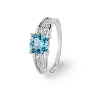 Ring 750/18 K Weissgold mit Blautopas Kissen und Zirkonia