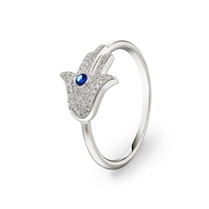 Ring 750/18 K Weissgold mit Saphir & Diamanten 0.10 ct H/si, Fatima-Hand