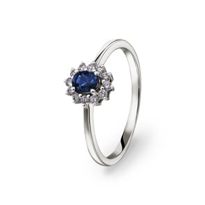 Saphirring 750/18 K Weissgold mit Diamanten 0.15 ct H/si