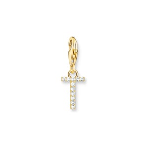 Thomas Sabo Charm-Anhänger Buchstabe T mit weissen Steinen vergoldet