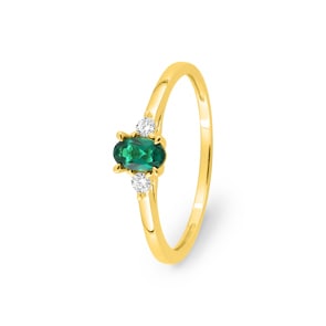 Trilogie Ring 375/9 K Gelbgold mit Lab Grown Smaragd & Diamanten 0.06 ct