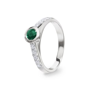 Bague de fiançailles or gris 750/18 ct avec diamants 0.26 ct H/Si et émeraude 0.27 ct
